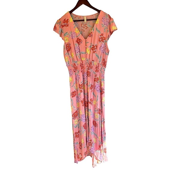 BeBop Pink Floral Midi Dress Size XL Button Down V Neck Short Sleeve Hi Low Hem - Picture 3 of 8